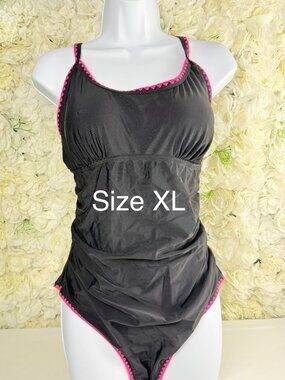 Eomenie XL Black One Piece Swimsuit Pink Trim Ruched Tummy Control NWT